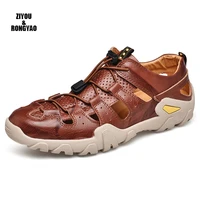 summer hollow baotou flip flop sandals for mens genuine leather casual breathable soft beach men shoes size 48 footwear