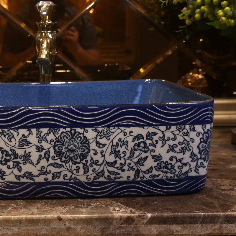 Сине-белая фарфоровая художественная раковина прямоугольная керамическая для