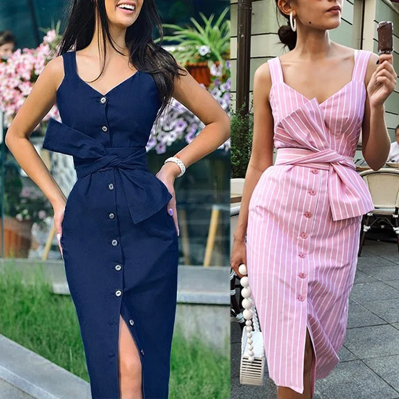 Женское облегающее платье миди в полоску без рукавов на пуговицах сексуальные