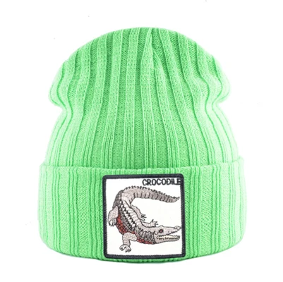 Green Fashion Skullies Beanies Men Women Knitted Wool Hats With Crocodile Patch Double Layer Knitting Bonnet Cap Unisxe Streetwear Hat - Цвет: Green