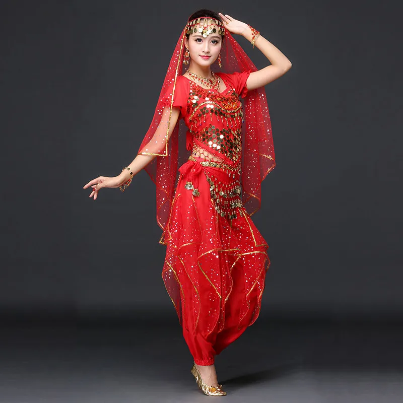 red short sleeves Женская танцевальная одежда сари набор костюма для танца живота Болливуд индийские брюки костюм 5 шт.: топ, пояс, брюки, браслеты и вуаль - Цвет: red short sleeves