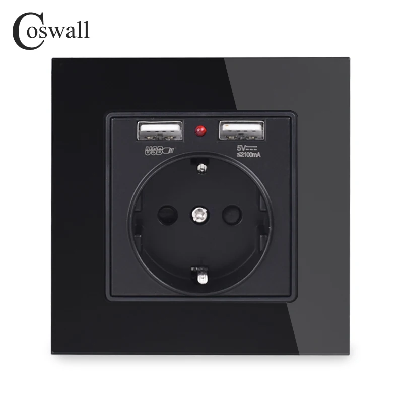 Стеклянная панель Coswall с двойным usb портом для зарядки 2 1 А настенное зарядное
