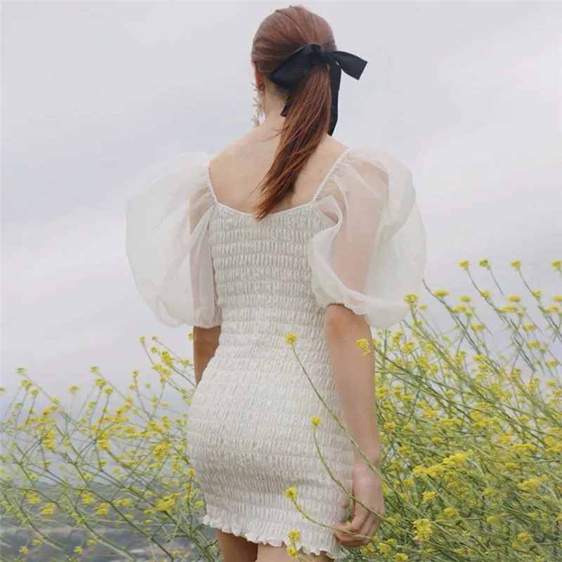 Повседневное Сетчатое мини летнее платье с пышными рукавами 2019 женское уличная