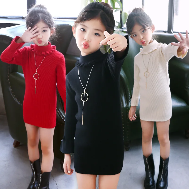

2018 Autumn and Winter New Solid Color Lace High-necked Long Sleeve Bottoming Sweater Girl Long Section Sweater