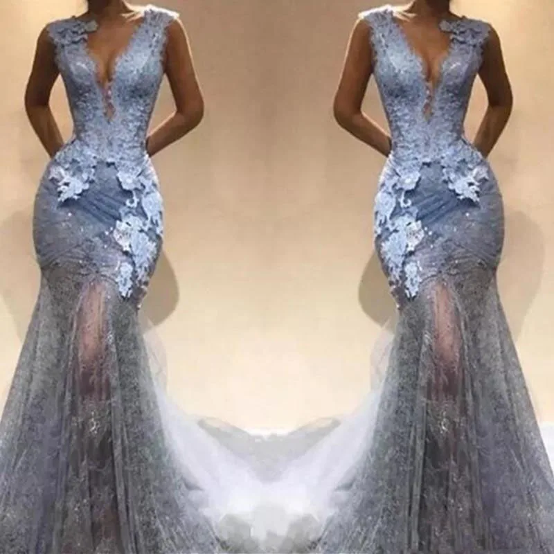 

Dusty Blue Mermaid Prom Gowns 2018 Fairy Lace Appliqued Elegant Evening Party Dress Sexy Deep V Neck Illusion Formal Wear Custom