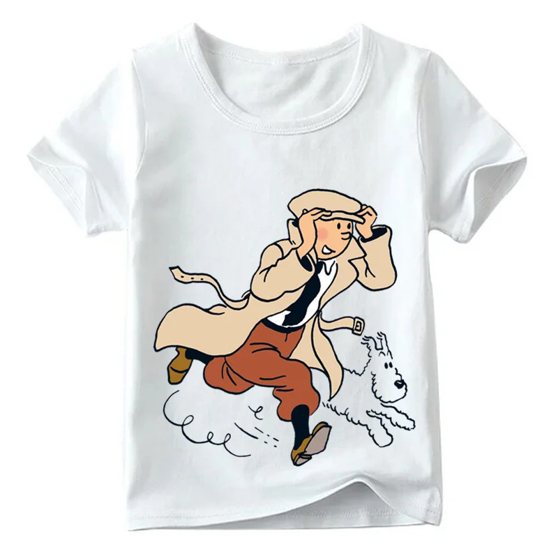 Детская забавная футболка с мультяшным принтом Tintin летние белые топы для