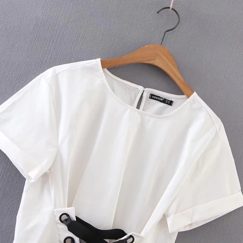 2017 Модные женские рубашки со шнуровкой и круглым вырезом блузки с коротким