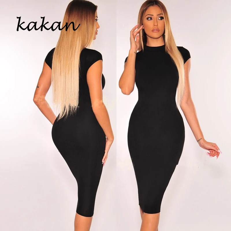 

Kakan summer new women's dress solid color casual round neck slim pencil dress red black royal blue dress