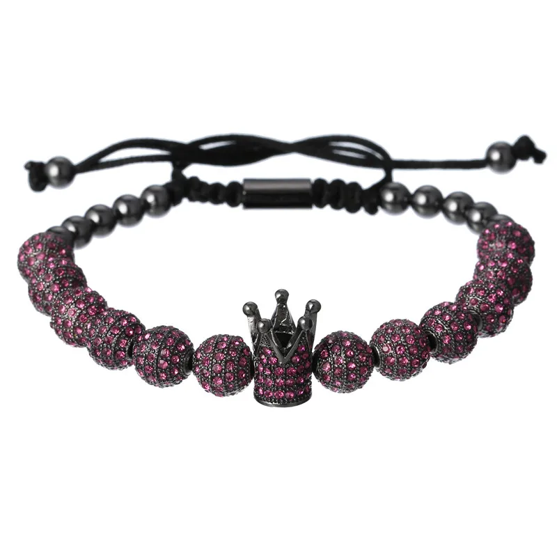 CZ циркония король корона и шар амулеты Браслеты 5 мм медные бусины плетение