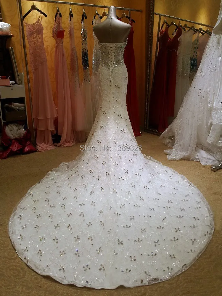 

Real Photos bling crystal beadeds luxury wedding dress mermaid long tail see through corset lace up bridal gown vestido de noiva