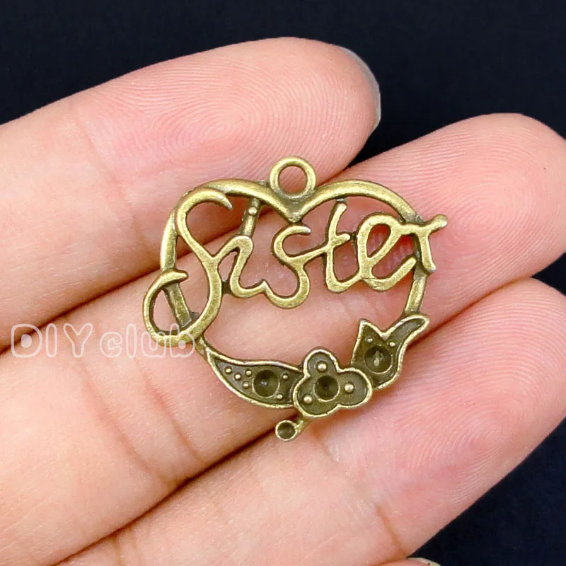 

40pcs-Antique Bronze Plated Sister Heart Charms Pendant 27x24mm