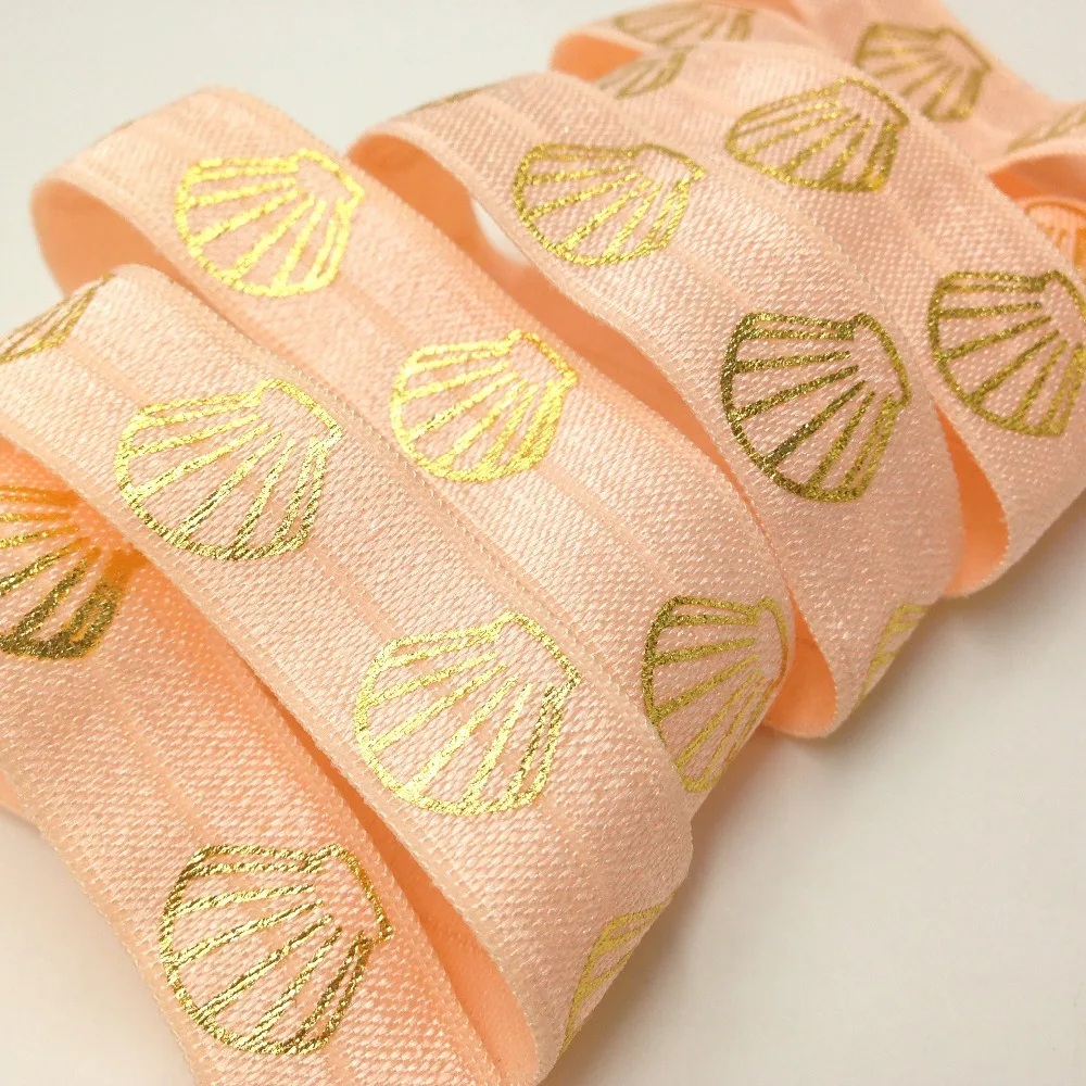 

5 Yards 5/8 Peach Gold Foil printed Sea Shell Fold over Elastic, Hair elastic ribbon,cinta elastica,Sewing accessories