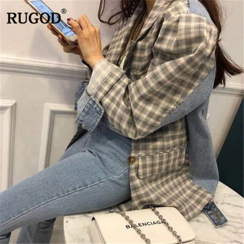 Женский блейзер RUGOD клетчатый в стиле пэтчворк с отложным воротником 2019|Женские