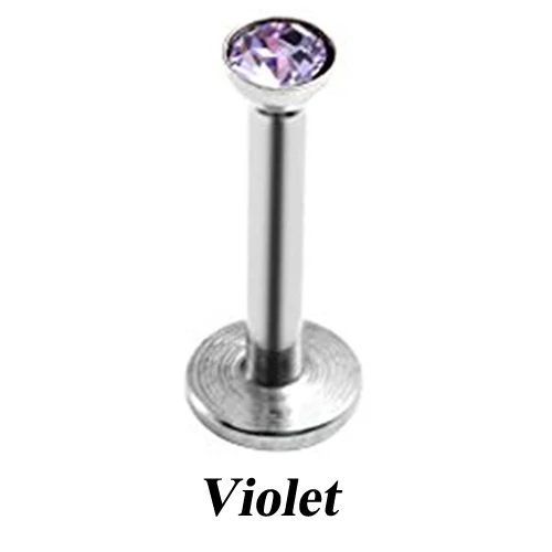 1pc Stainless Steel Internally Thread Flat CZ Gem Labret Lip Piercing Stud Ring Monroe Orelha Cartilage Upper Ear Stud Helix - Окраска металла: Violet
