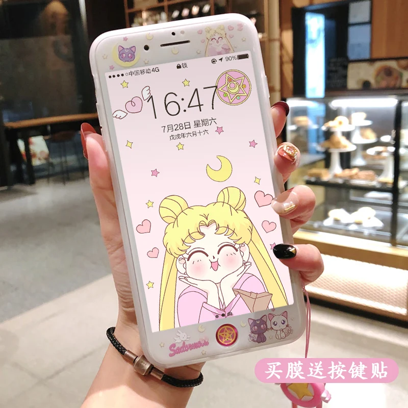 Sailor Moon cover For iPhone 8/7 plus case &amp tempered glass film for 6 6s phone cute girl screen protector +strap |