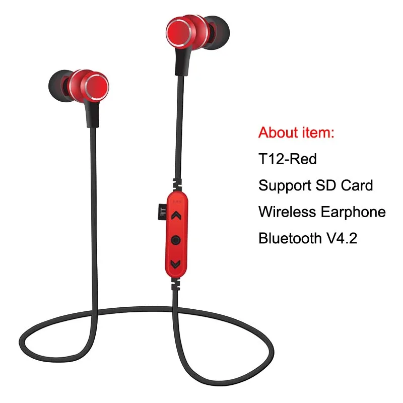 T12 Red MPLSBO беспроводные наушники Bluetooth наушники стерео музыкальные наушники с микрофоном Поддержка SD карты шумоподавление металлическая гарнитура - Цвет: T12 Red