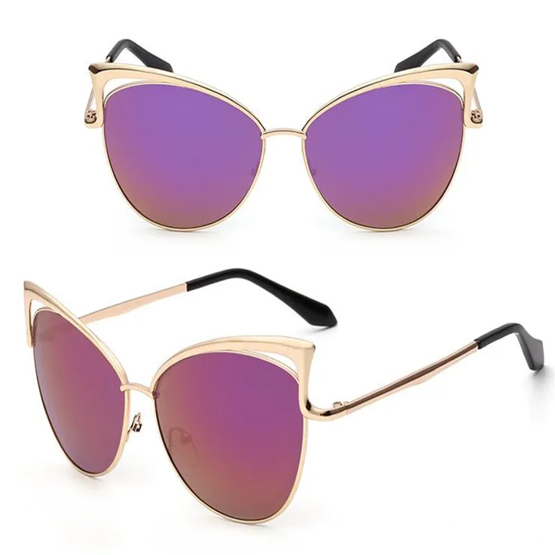 Классические женские солнцезащитные очки кошачий глаз в металлической оправе с градиентом, брендовые дизайнерские винтажные женские солнцезащитные очки Cateye с зеркальным покрытием UV400 - Цвет линз: Фиолетовый