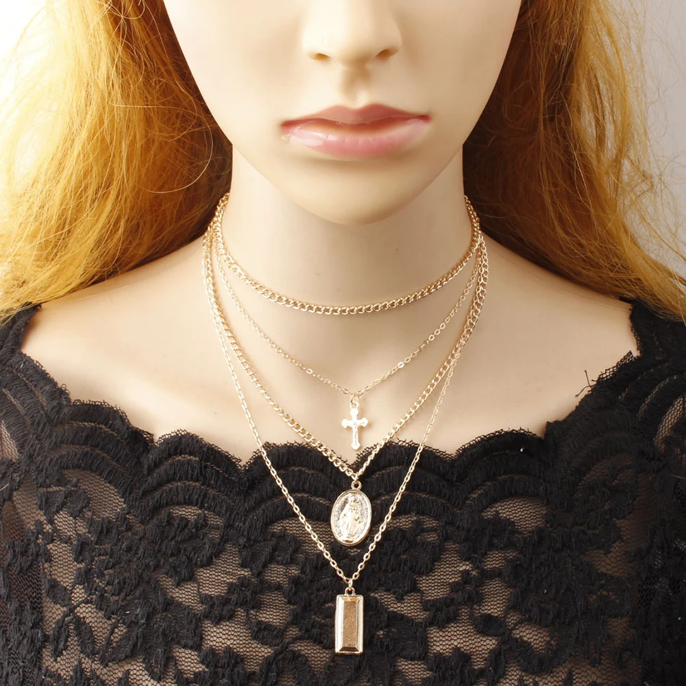 Ретро Для женщин площадь поперечного медальон Дева Мария ожерелье с цепью