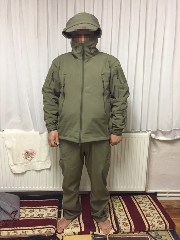 army green Outdoor softsell military camouflage suit men's tactical waterproof jacket For Hunting Hiking fishing fleece jacket pants - Цвет: army green