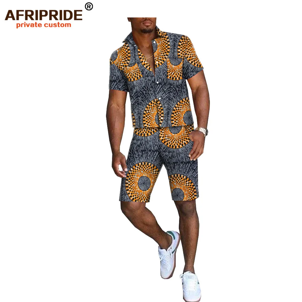 Африканский принт, летние шорты, набор для мужчин, AFRIPRIDE, короткий рукав, однобортный Топ+ шорты до колен, повседневный комплект A1816006
