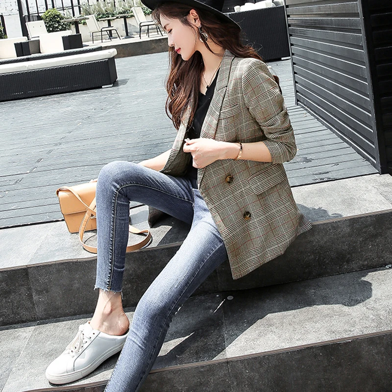 

High quality Vintage Notched Bouble Breasted Plaid Women Blazer Autumn Jackets Female Retro Suits Coat 2018 Work Top