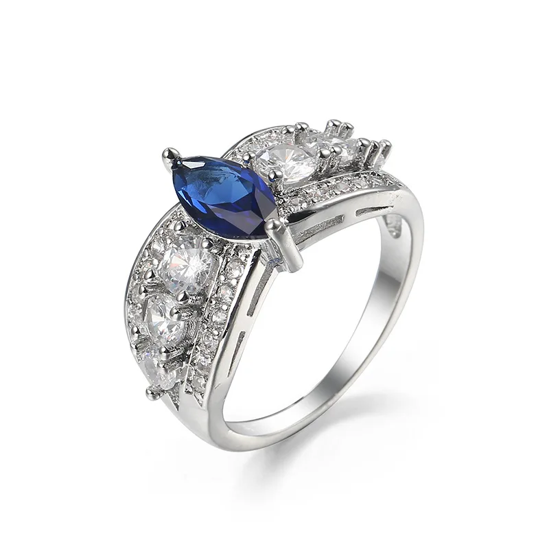 

New Hot Fashion Luxury Dazzling Royal Blue Horse Eye Multi-drilled Shine Zircon Ring For Women Wedding Engagement Rings Gifts