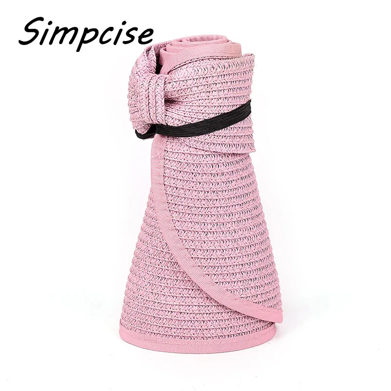 Sun hat оптом Для женщин широкими полями Roll-up соломы солнцезащитный козырек ZZ4067 - Цвет: pink