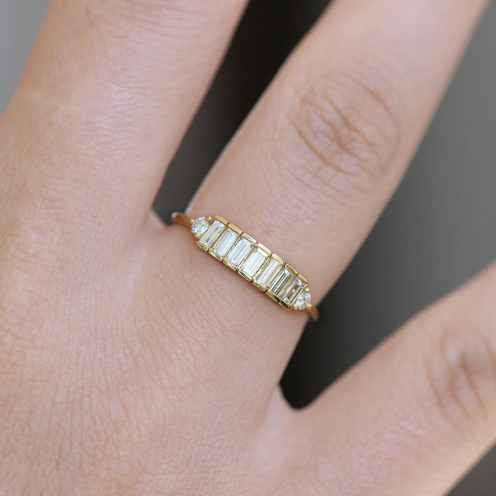 14K желтое золото 7 шт изумруд Moissanite обручальное кольцо всего 0.9ctw лаборатория