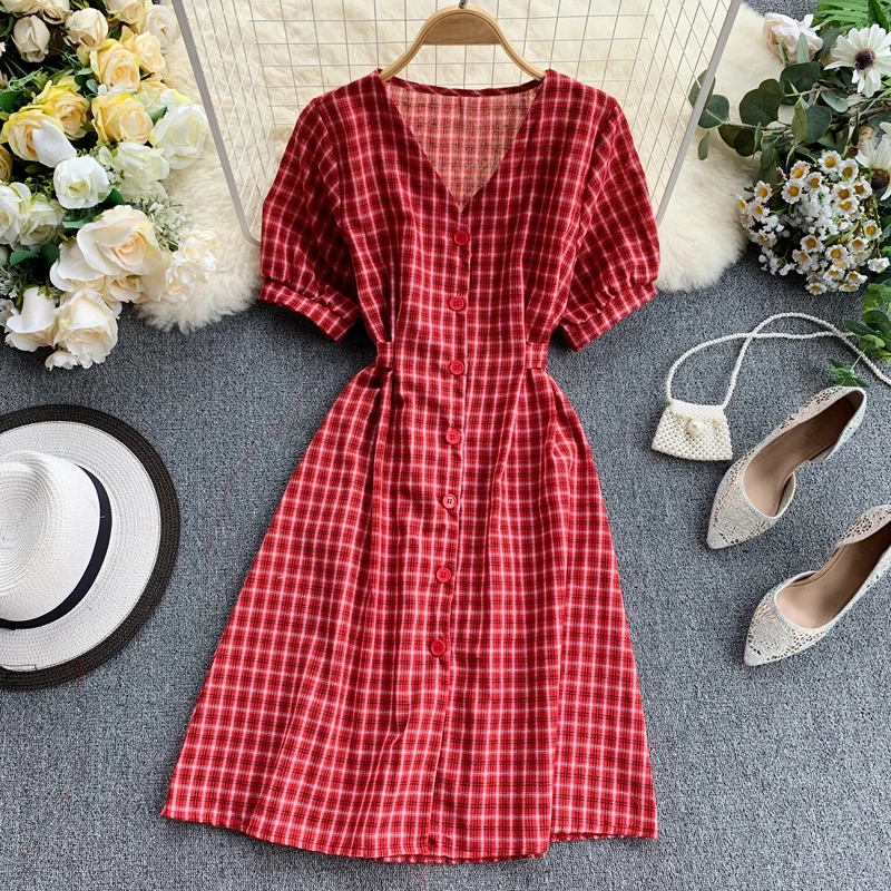 Vintage 2021 Button Slim V Neck Plaid Print Short Dress Summer Party Tie Jurkjes Women Dresses Casual A-Line Vestido de festa | Женская