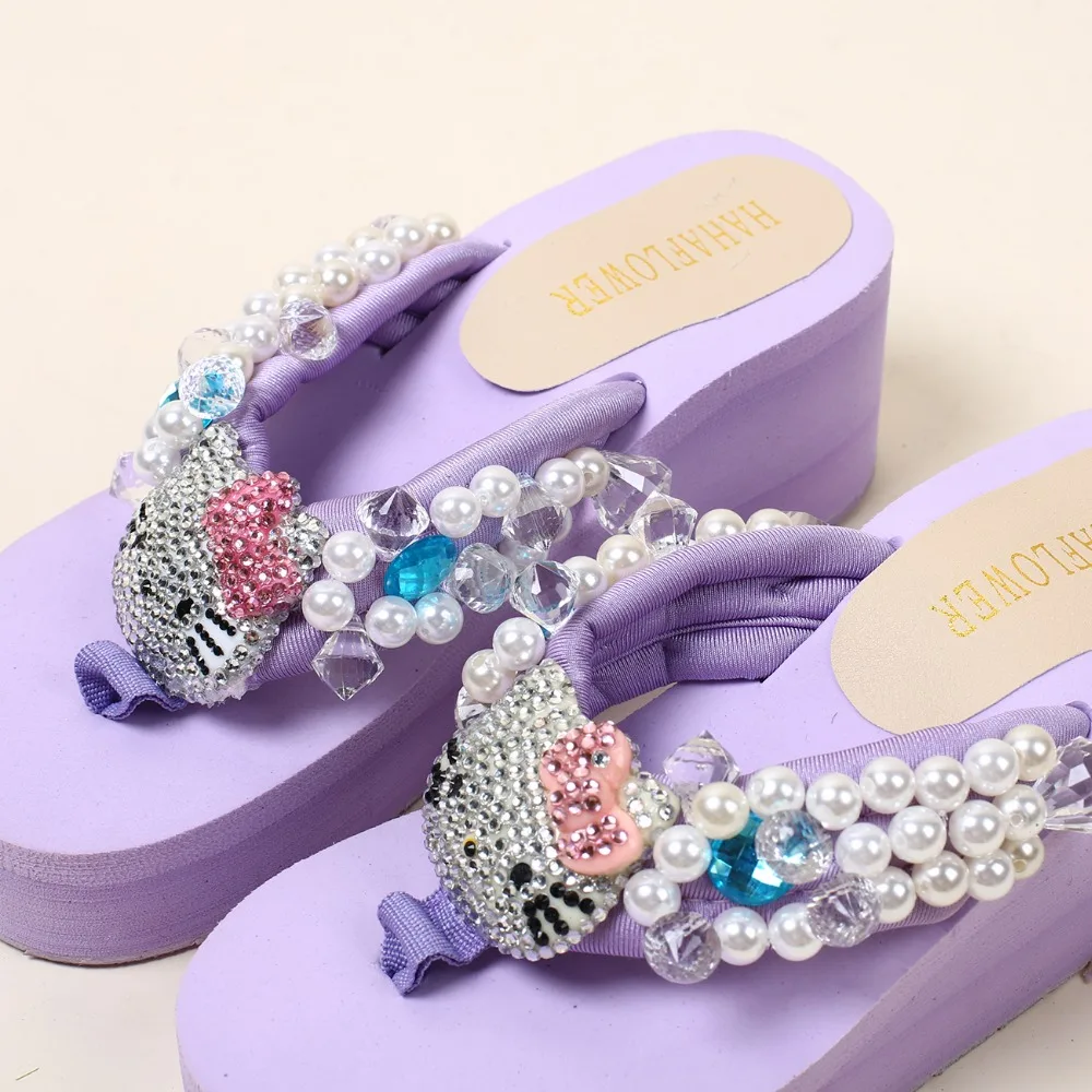 Женские блестящие шлепанцы HAHAFLOWER пляжные на танкетке украшенные стразами | Обувь