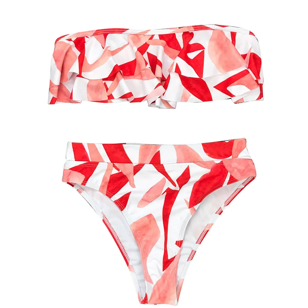 SAGACE двухсекционный костюм гофрированный купальник с принтом одним плечом