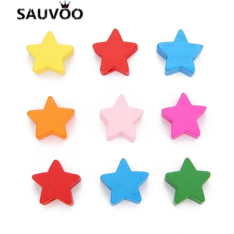 SAUVOO 100 шт. бусины из натурального дерева 15 мм Красочные пятиконечные деревянные