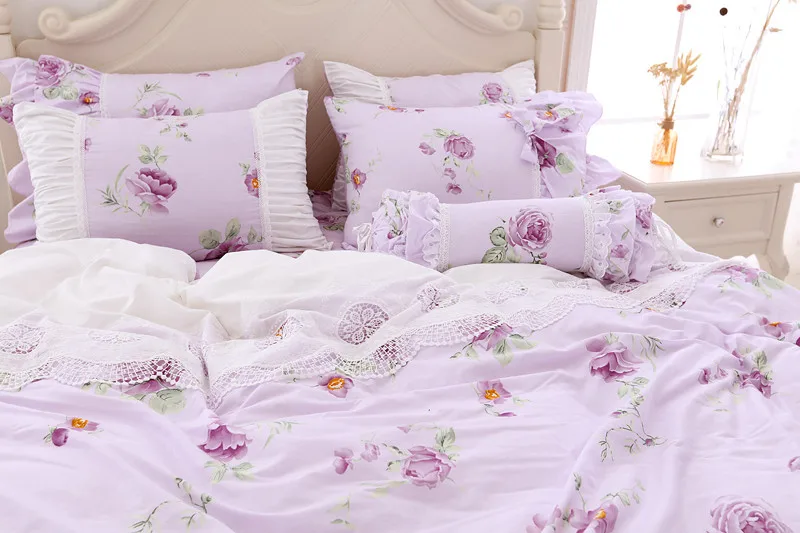 Princess purple dream 100% Cotton Romantic girl kid sweet flowers Bow lace ruffles bedskirt comforter cover bedding set/B7210 | Дом и сад