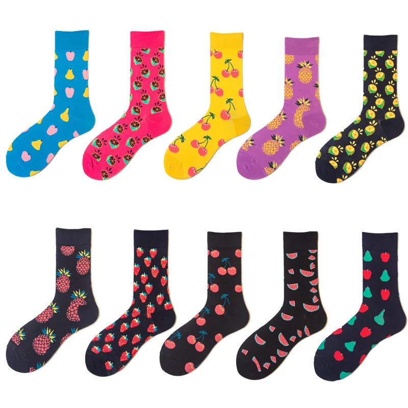 British Style Lemon Cherry Watermelon Fruit Long Cotton For Happy Trend Men Socks Big Size
