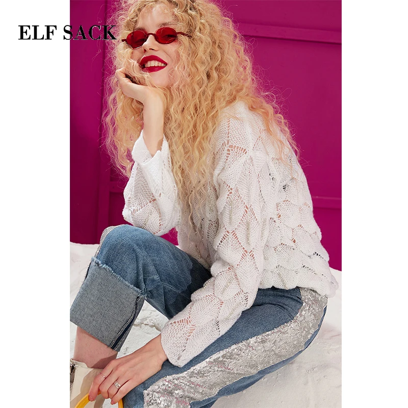 ELFSACK, новинка, зимний женский свитер, Повседневный, круглый вырез, полный, однотонный, негабаритный, свитер для женщин, шикарный стиль, свободный женский свитер