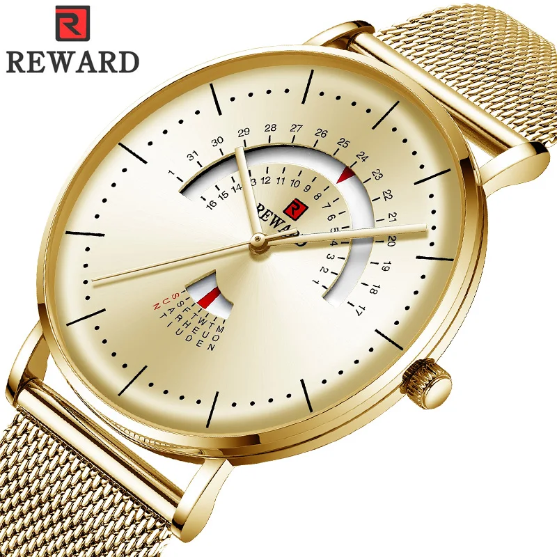 

REWARD 2019 New Quartz Watch Men Gold Casual Mesh Belt Fashion Mens Watches Date Top Brand Luxury Waterproof Relogio Masculino