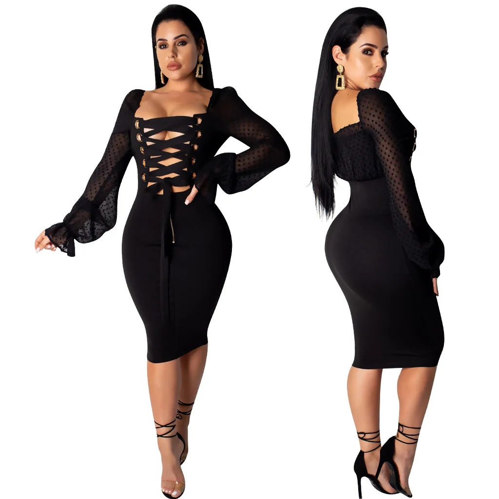 2019 Women Lace-up Sexy Hollow Out Long Sleeve Point Chiffon High Waist Bodycon Midi Dress Vintage England Style Dresses 6265 | Женская
