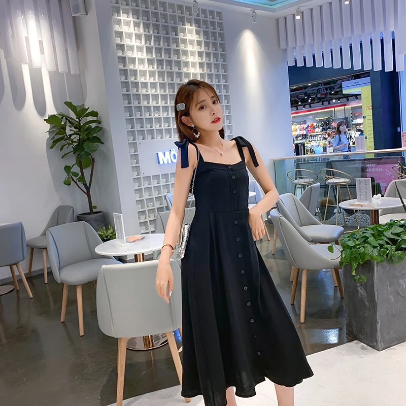 2019 длинное летнее платье освежающее Сексуальное Платье милое однобортное черное