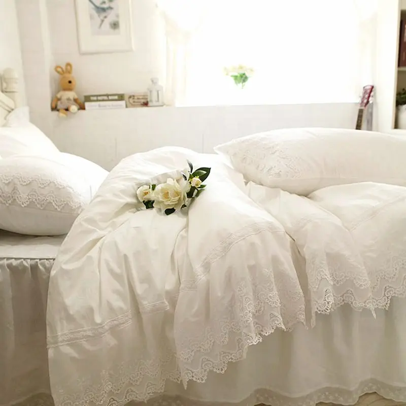 

Luxury Embroidery Bedding Set White Lace Cake Layers Ruffle Duvet Cover Elegant Fabric Bed Sheet Bedspread Bed Skirt Coverlets