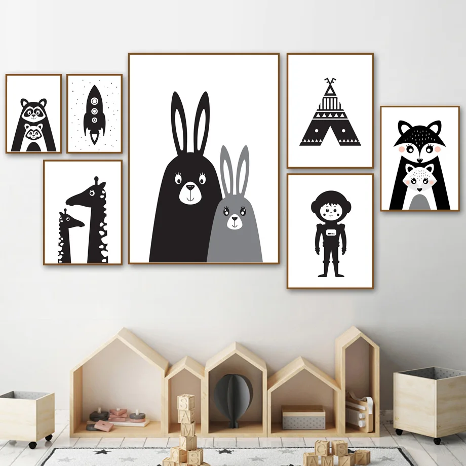 

Black White Rabbit Bear Tent Robot Boy Wall Art Canvas Painting Nordic Posters And Prints Nursery Wall Pictures Kids Room Decor
