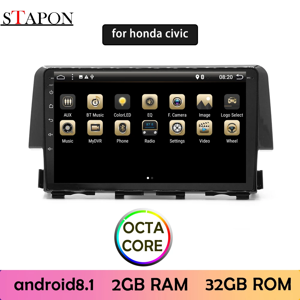 STAPON 9 дюймов для honda civic 2016 17 Android 8 1 2GBRAM Восьмиядерный автомобильный DVD MP5