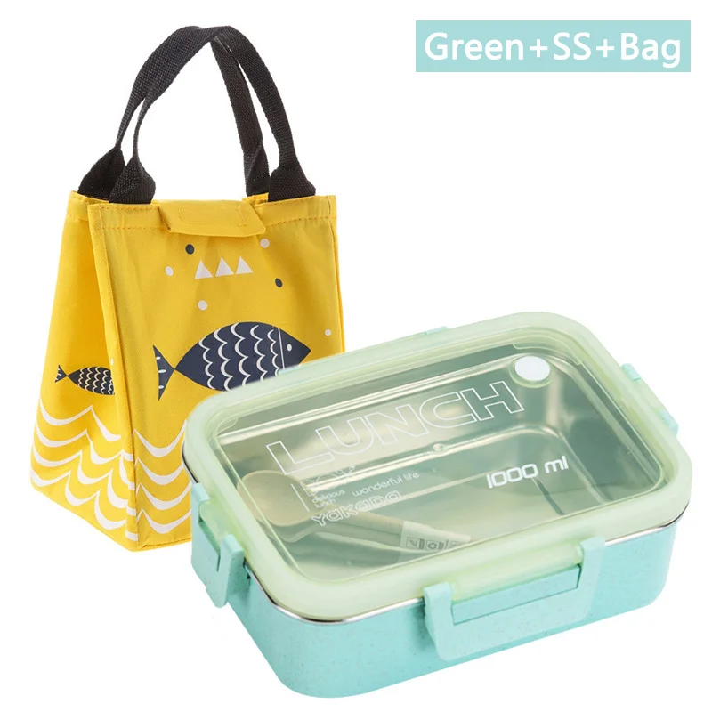 SS-Green-Bag TUUTH микроволновая коробка для ланча Пшеничная солома из нержавеющей стали портативная коробка для бенто герметичный контейнер для хранения еды - Цвет: SS-Green-Bag