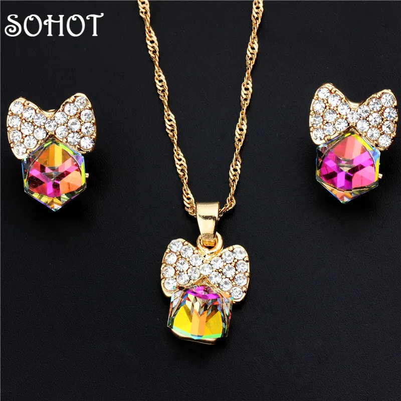 SOHOT хрустальные стразы коробка с бантом кулон ожерелье серьги капли золотой цвет
