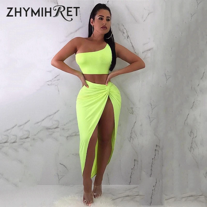 Женский комплект из 2 предметов ZHYMIHRET неоновый цвет топ на одно плечо платье с