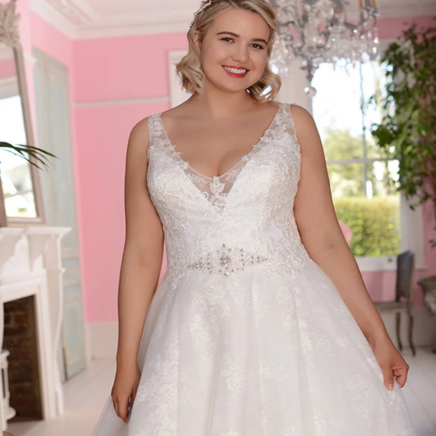 Jiayigong Sexy V-neck Wedding Dresses Plus Size Cap Sleee Lace Beaded A-line Vestidos de Novia Bridal Gowns Robe De Mariage | Свадьбы и
