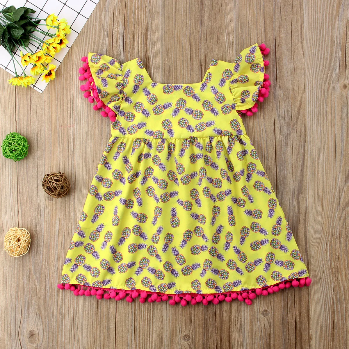 New Sweet Girls Princess Pineapple Printing Dress Child Flying Sleeve Cloth Kids Baby Birthday Party Wedding Summer Dresses | Детская