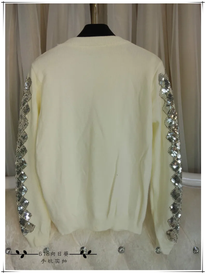 Cakucool Beading Knit Tops Women Long Sleeve O-neck Sequined Sweaters Plaids Embroid Shiny Jumpers Sweater Pullovers Female | Женская