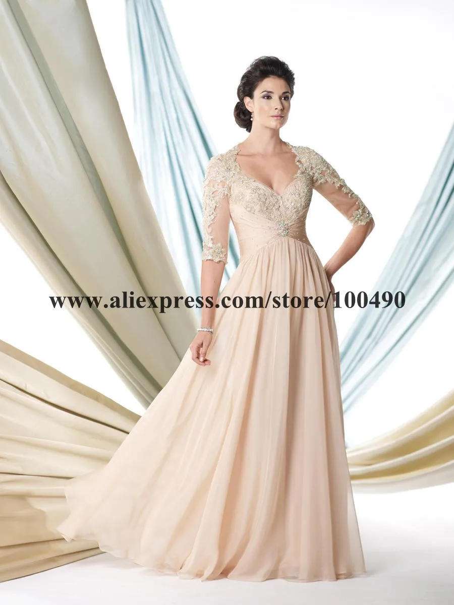 Lace half sleeves champagne color prom dresses 2014 with colorful crystals and jewels Opened sweetheart neckline A-line |