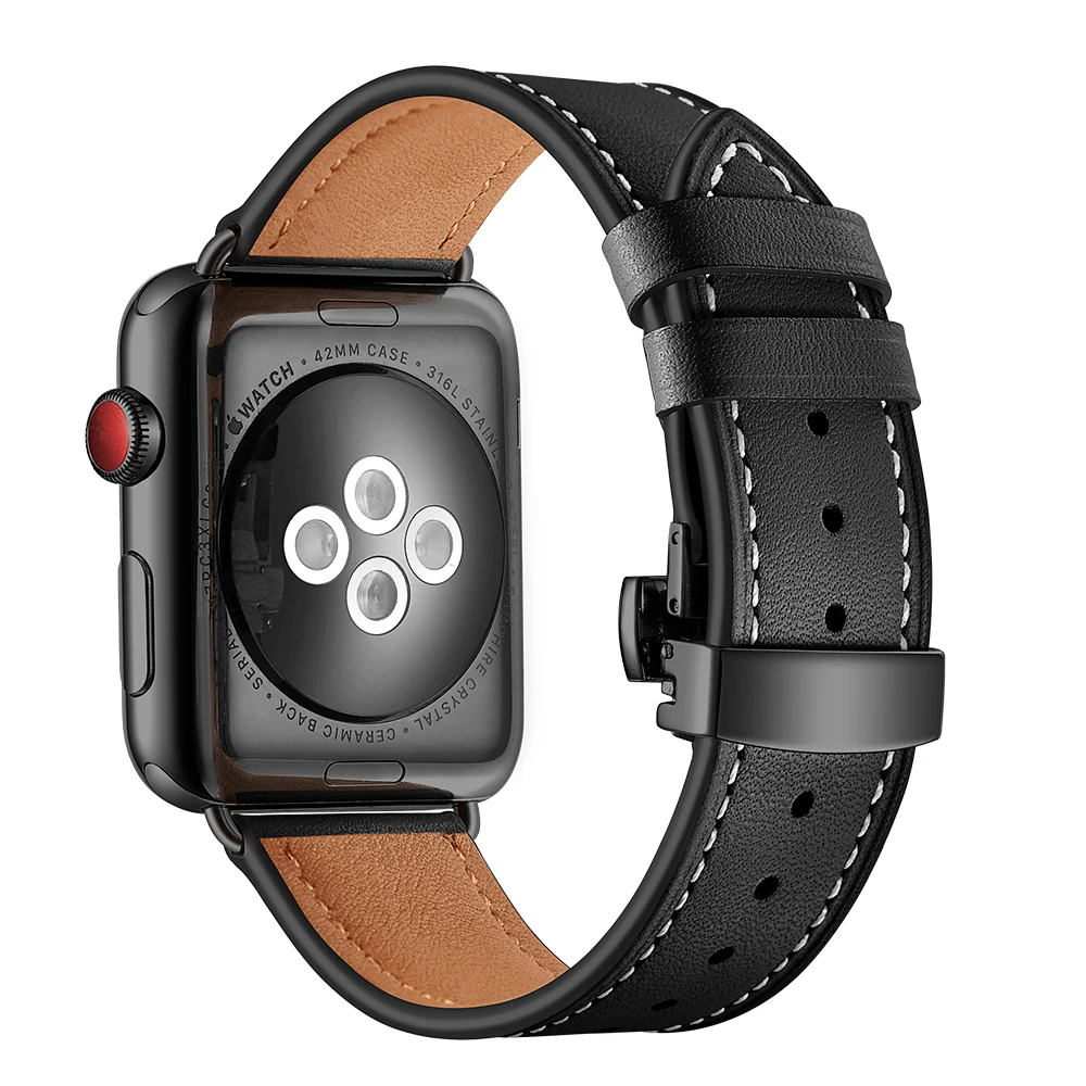 Высокое качество кожаный ремешок для наручных часов Apple Watch Series 4 44 мм 40 мм черный застежка-бабочка, браслет на запястье, ремешок для наручных часов iWatch 3/2/42 38 мм