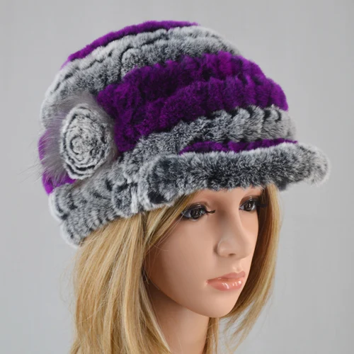grey and purple Новые женские полосатые и цветочные настоящие натуральные шапки из меха кролика рекс натуральная шапка из меха кролика рекс женские зимние теплые шапки из меха кролика рекс - Цвет: grey and purple
